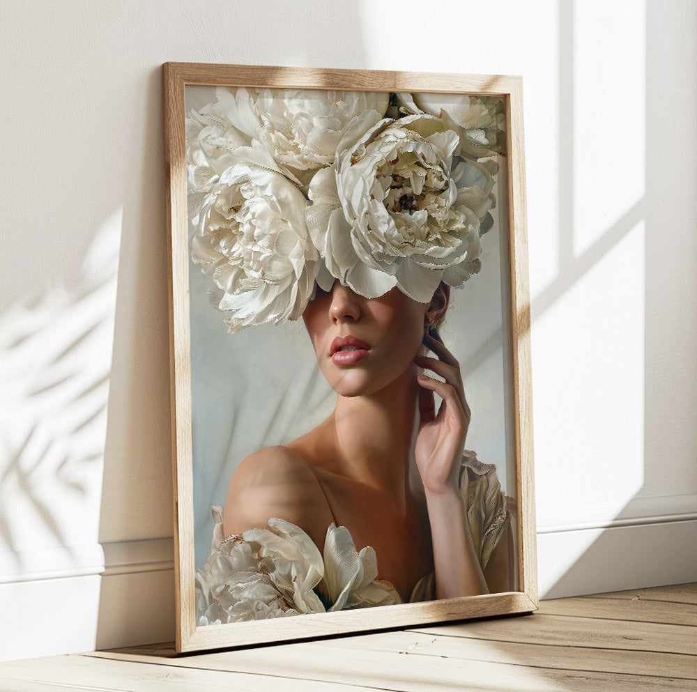 White peony woman portrait featuring large cream flowers and a soft neutral color palette