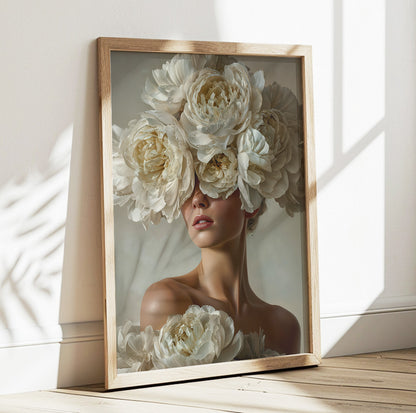 White peony woman wall art featuring an elegant female portrait with oversized ivory flowers covering her eyes