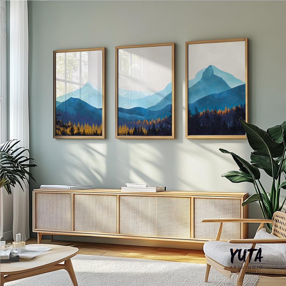 Navy blue mountain wall art set of 3 print. Nature gallery wall set, modern minimalist aesthetic room decor, Scandy living room posters