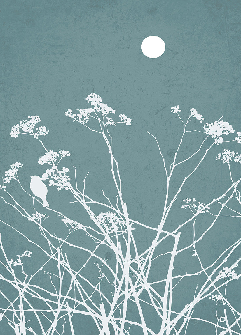 Blue botanical wall décor combining wildflower illustrations with peaceful nature-inspired design