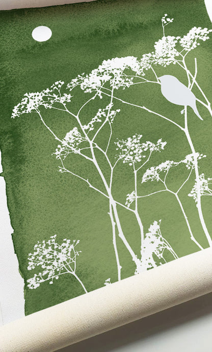 Sage green botanical wall décor featuring meadow flowers, birds, and minimalist nature illustrations