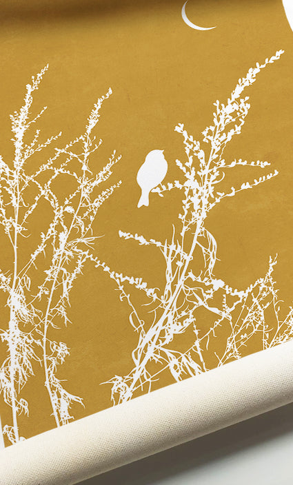 Mustard botanical wall décor featuring meadow flowers, birds, and minimalist nature illustrations