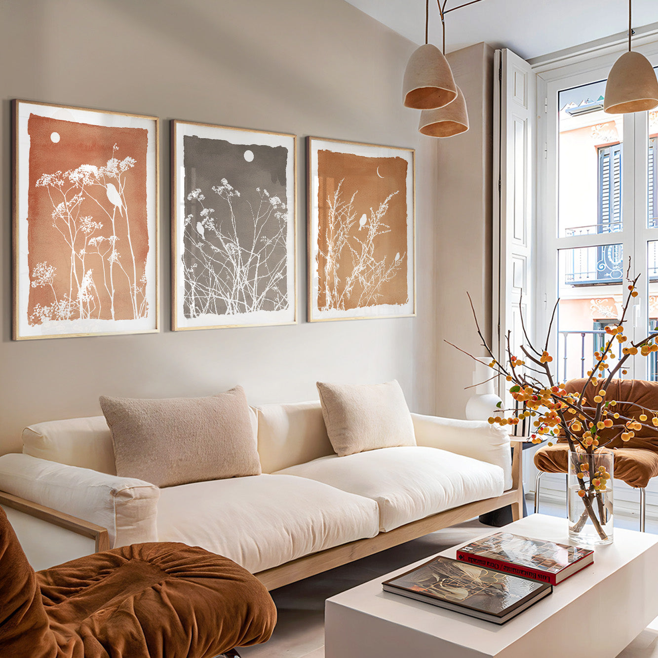 Botanical bird prints with delicate meadow flowers in warm neutral earth tones