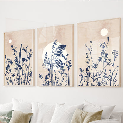 Wildflower botanical wall art set of 3 featuring delicate meadow flowers and grasses in navy and warm neutral tones