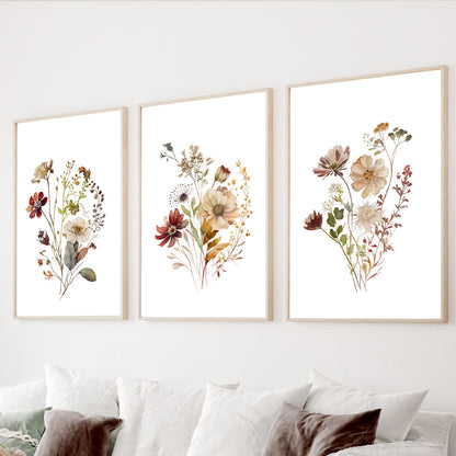 Wildflower botanical wall art set of 3 with delicate floral bouquets