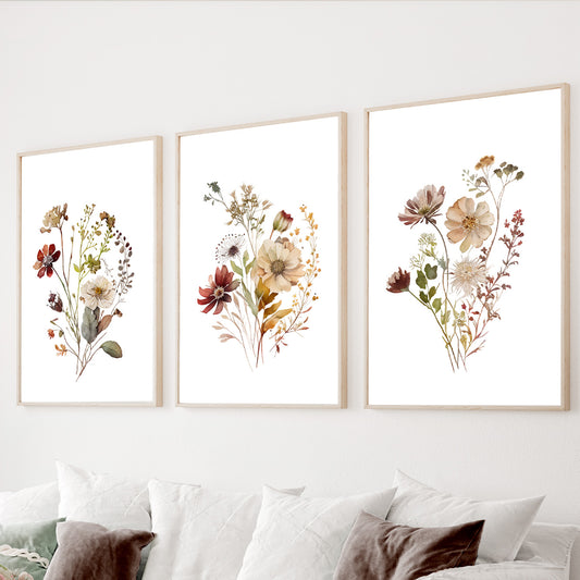 Wildflower botanical wall art set of 3 with delicate floral bouquets