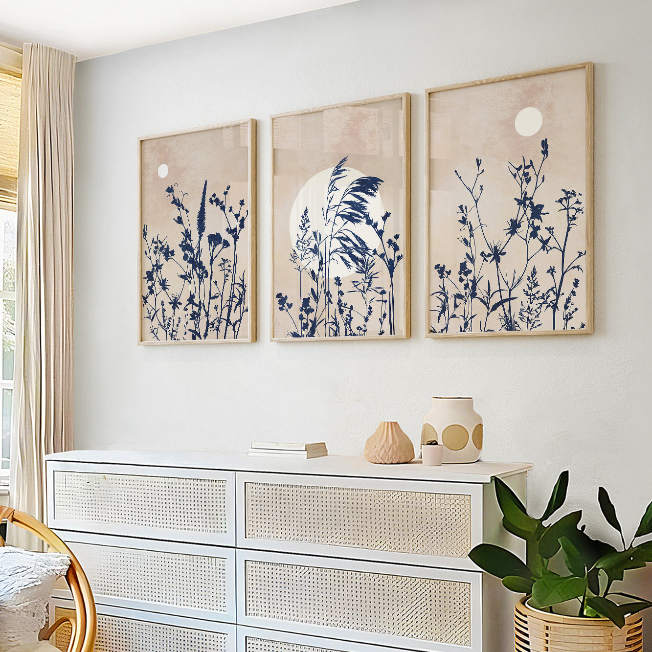 Organic Modern botanical gallery wall featuring wild grasses and flowering meadow plants