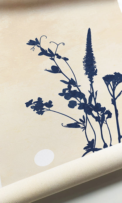 Botanical nature print set featuring meadow flowers in soft beige and navy tones