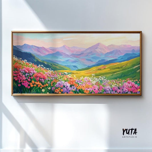 Vibrant wildflower and mountain landscape painting in a light wood frame on a sunlit wall