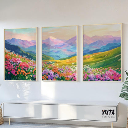Colorful mountain wall art set of 3 print, mountain wild flowers landscape posters, modern boho nature gallery wall set, aestetic room decor