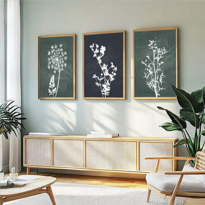 Botanical silhouette prints with delicate wildflowers in forest green for modern interiors
