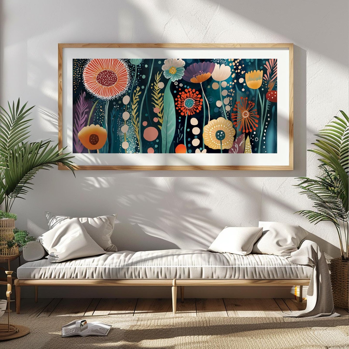 Abstract floral artwork in a light wood frame centered above a bench in a bright room