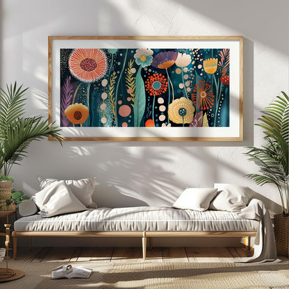 Abstract floral artwork in a light wood frame centered above a bench in a bright room