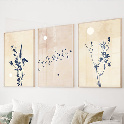 Wildflower wall art set of 3 featuring botanical silhouettes and flying birds on soft neutral backgrounds