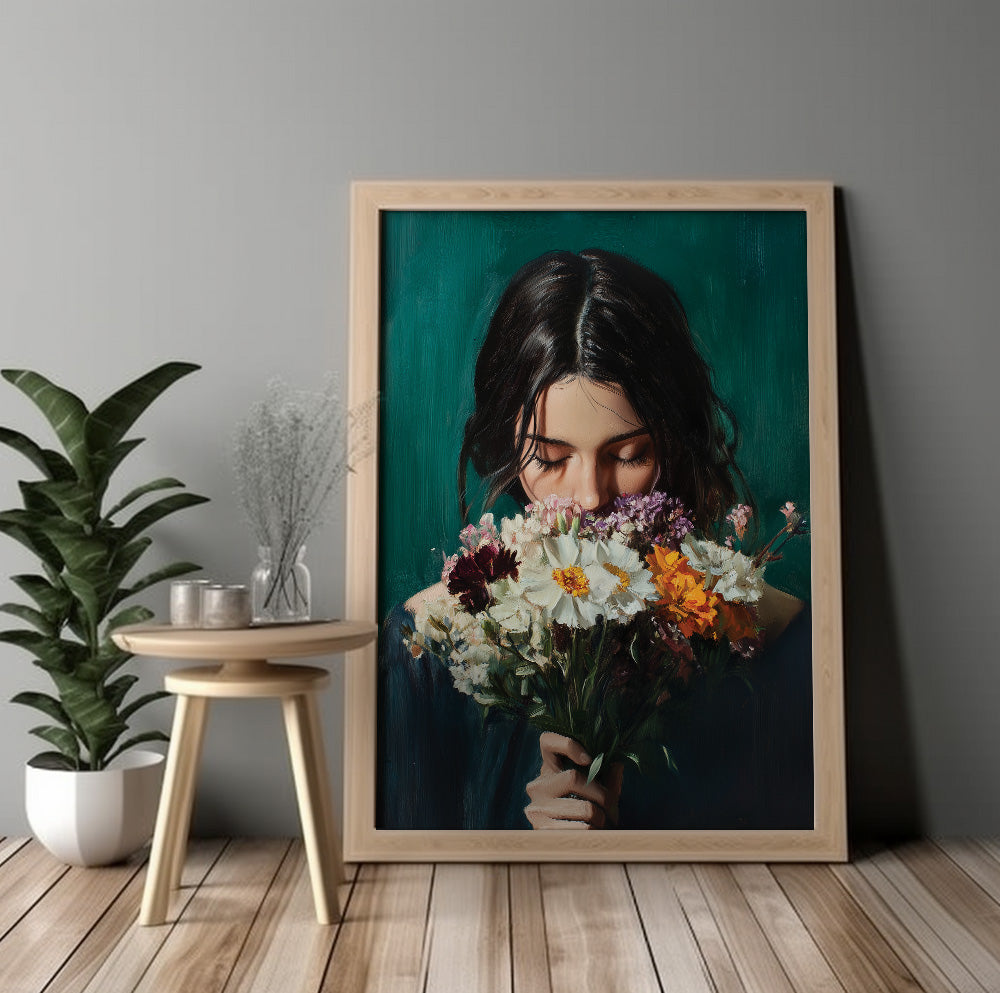 Wildflower woman portrait featuring a dark-haired woman smelling a mixed floral bouquet