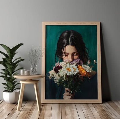Wildflower woman portrait featuring a dark-haired woman smelling a mixed floral bouquet