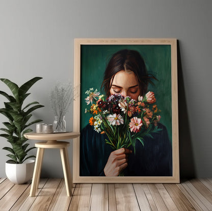 Wildflower woman wall art with a feminine portrait and vibrant botanical details