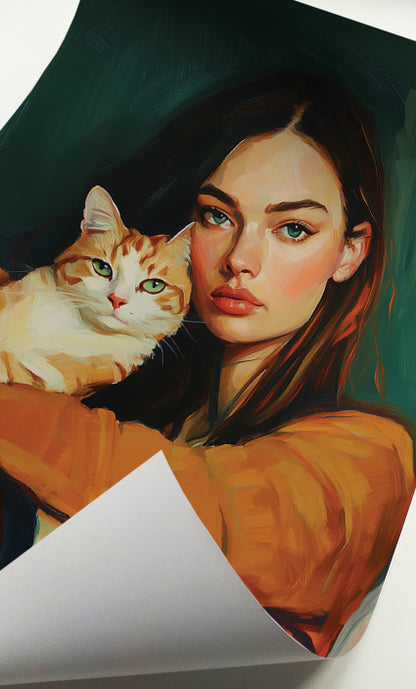 Woman and cat wall art featuring a modern female portrait with an orange tabby cat