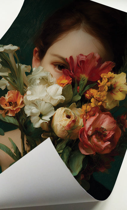Woman behind flowers wall art featuring a large botanical bouquet partially covering her face