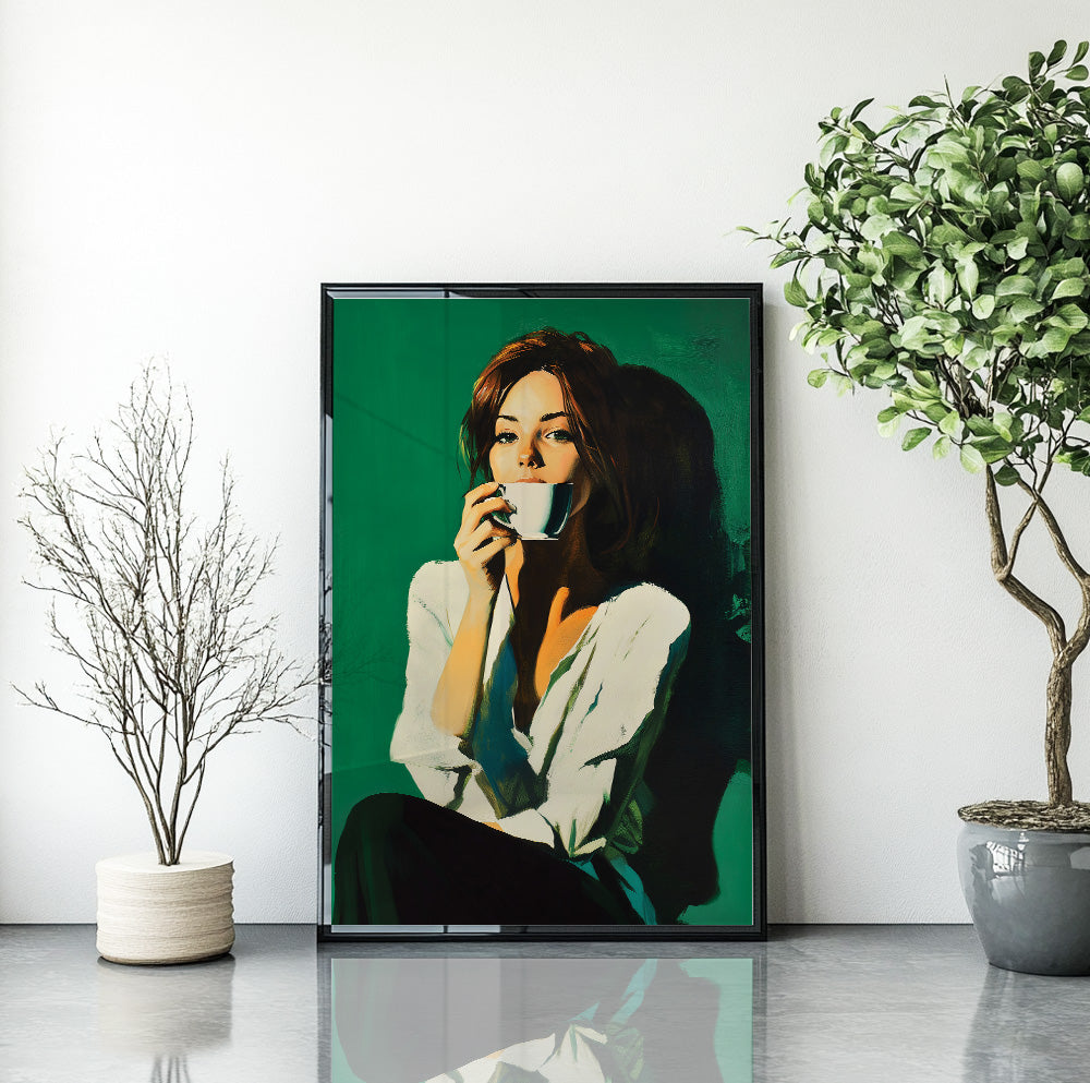 Woman drinking coffee wall art with a dark-haired female portrait on a rich green background