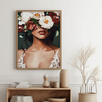 Woman flower crown art featuring large white and burgundy blooms with rich green foliage
