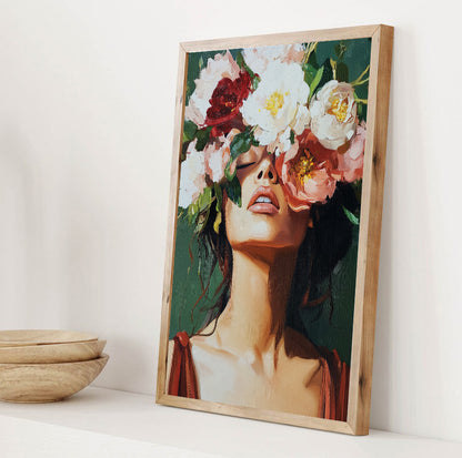 Woman flower crown art featuring oversized white, blush and burgundy blooms with green foliage
