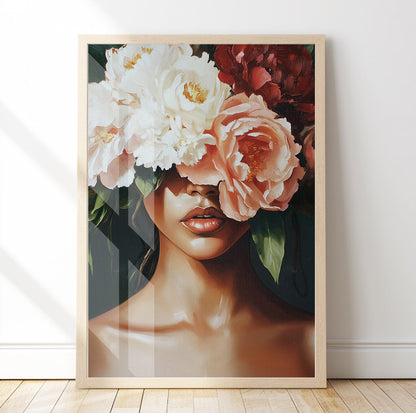 Woman flower crown wall art featuring a romantic female portrait with large peony style blooms