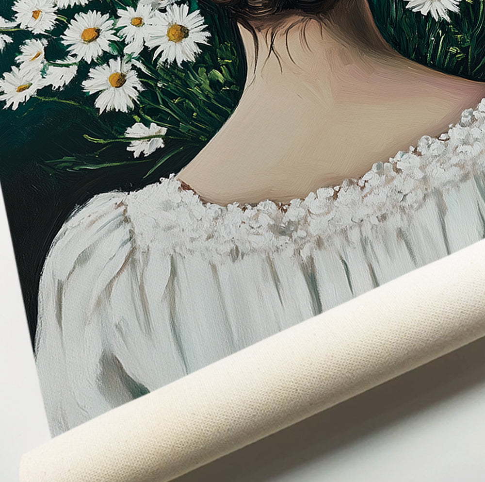 Woman from behind wall art featuring an elegant female figure in a white dress with flowers