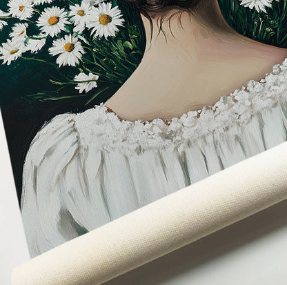Woman from behind wall art featuring an elegant female figure in a white dress with flowers