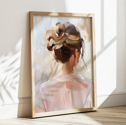 Woman from behind wall art featuring an elegant brunette with a loose bun in soft neutral tones