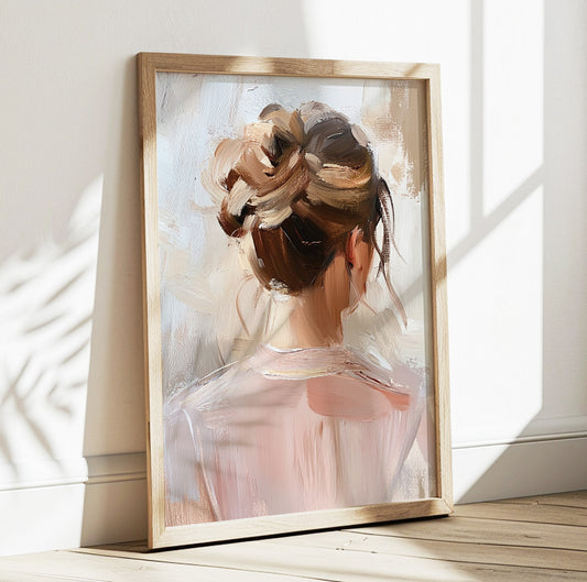 Woman from behind wall art featuring an elegant brunette with a loose bun in soft neutral tones