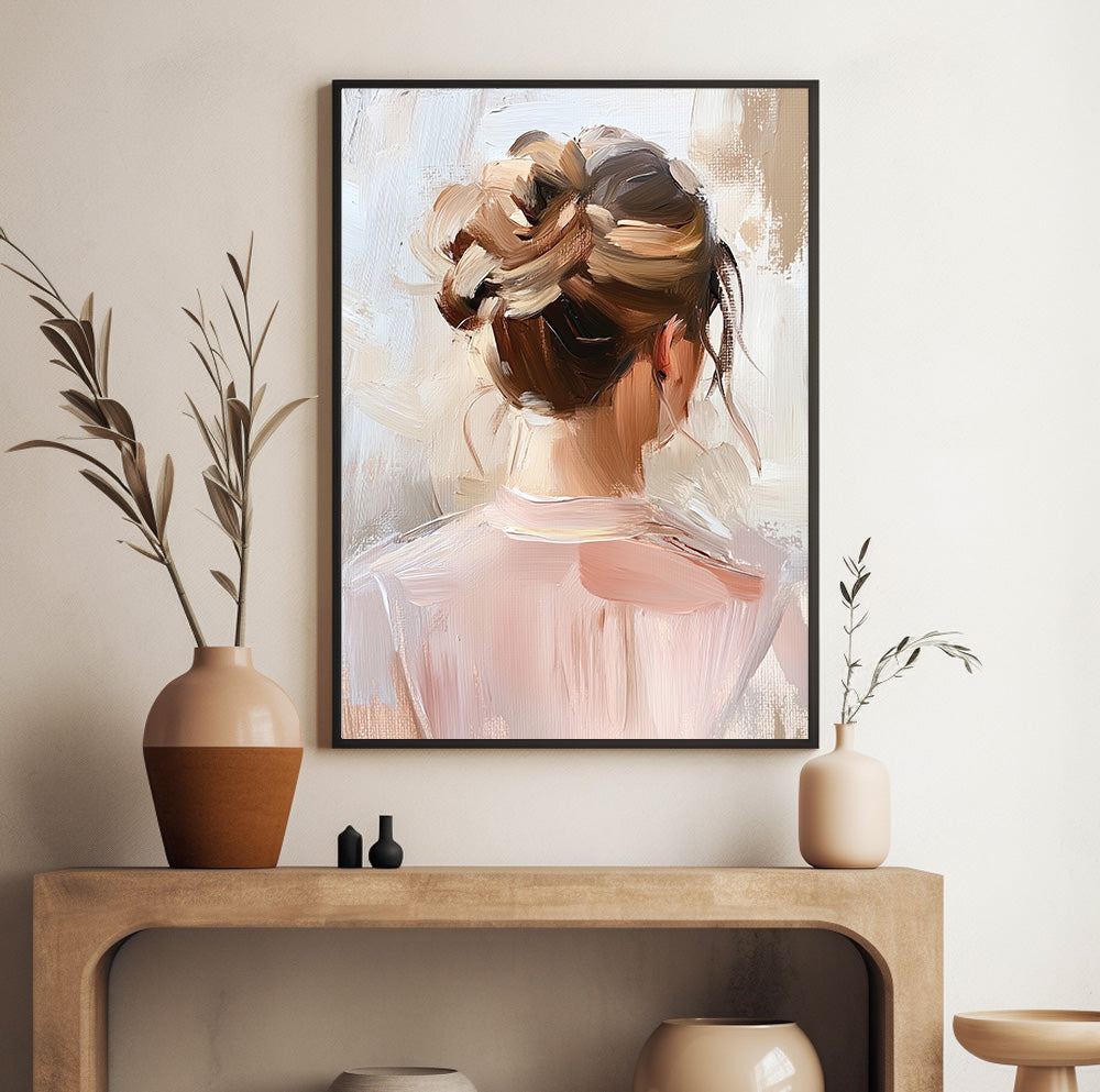 Woman hairstyle wall art featuring a textured brunette bun in warm beige and blush tones