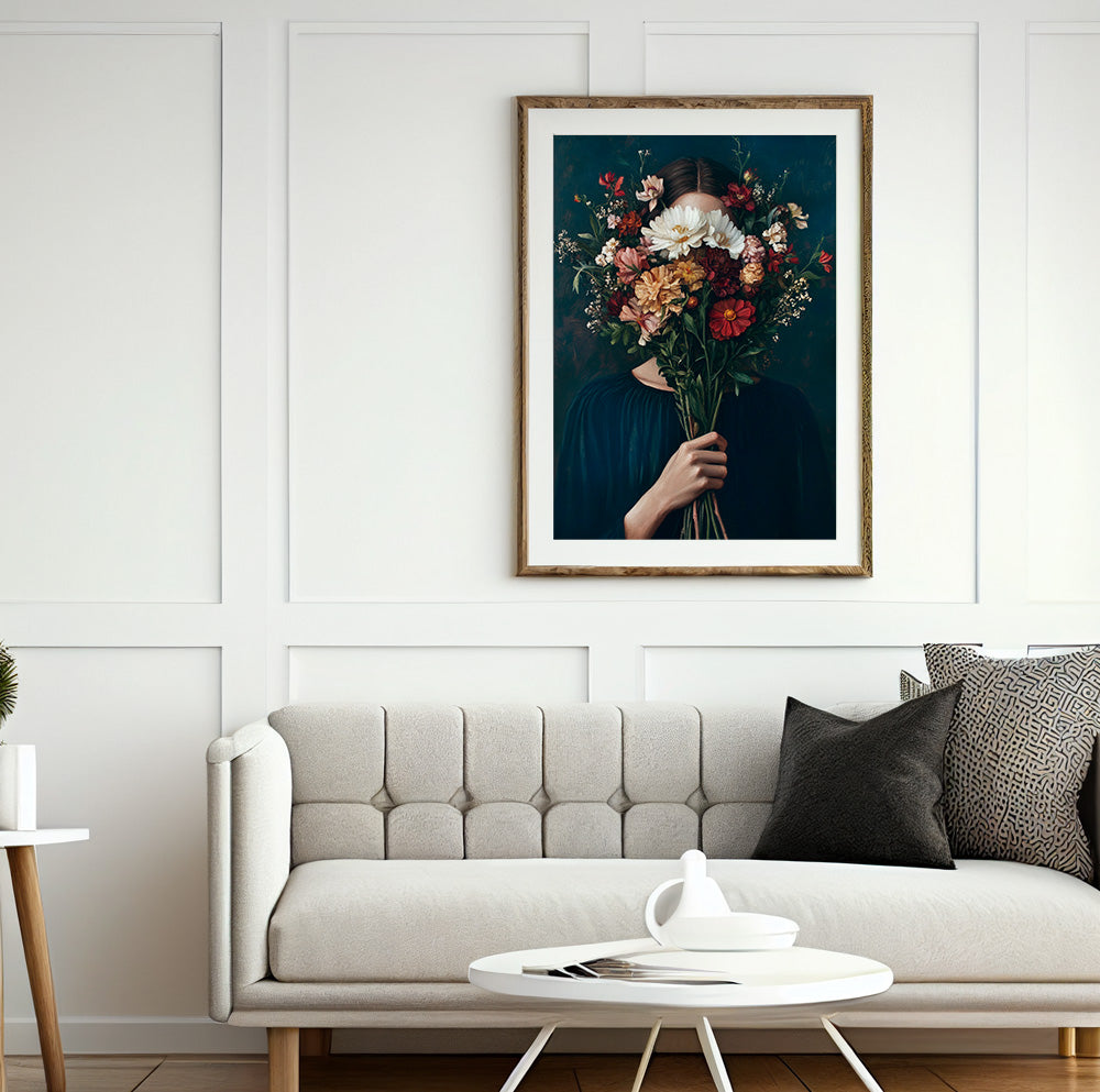Woman hidden behind flowers art featuring a large dramatic bouquet covering her face