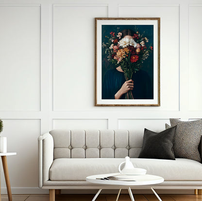 Woman hidden behind flowers art featuring a large dramatic bouquet covering her face