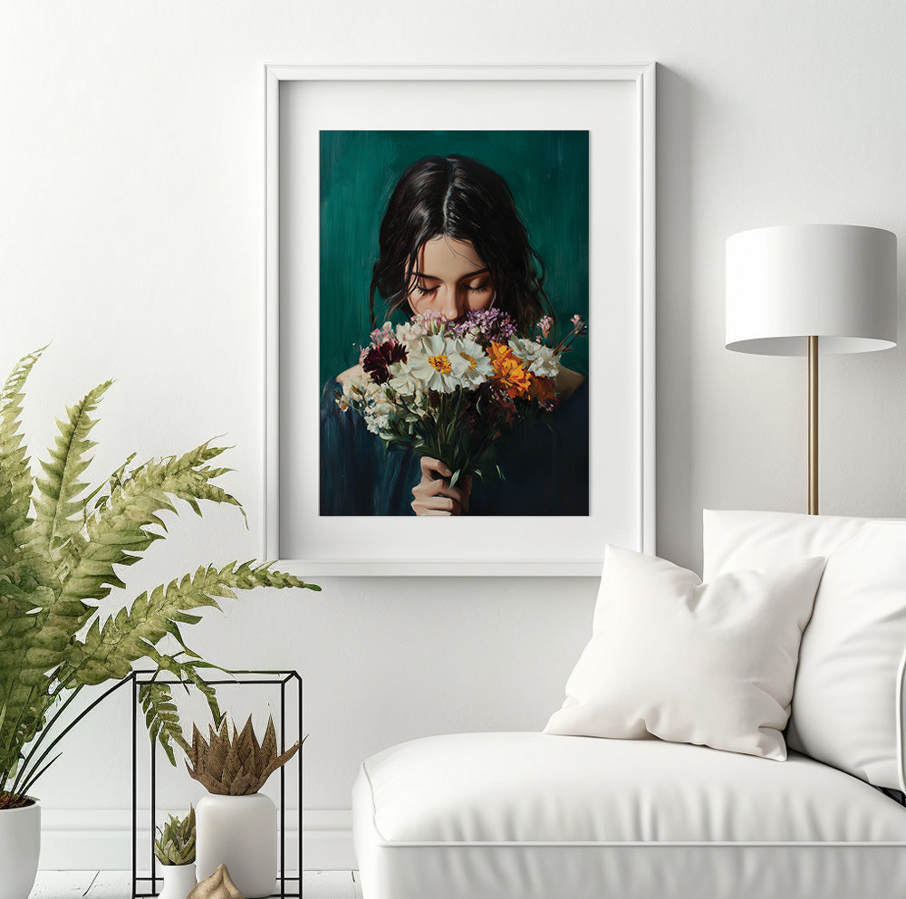 Woman holding bouquet wall art featuring a brunette surrounded by delicate wildflowers