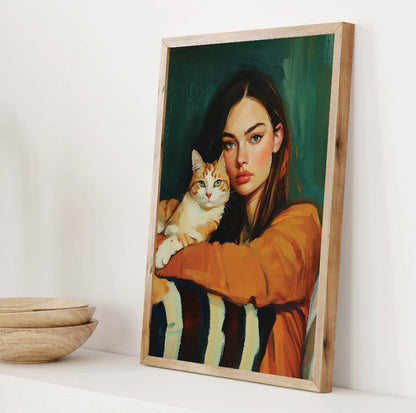 Woman holding cat art featuring a brunette and orange tabby cat in warm earthy colors