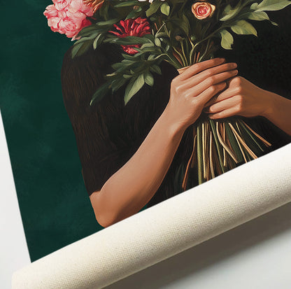 Woman holding flowers art print featuring a lush bouquet of colorful garden blooms