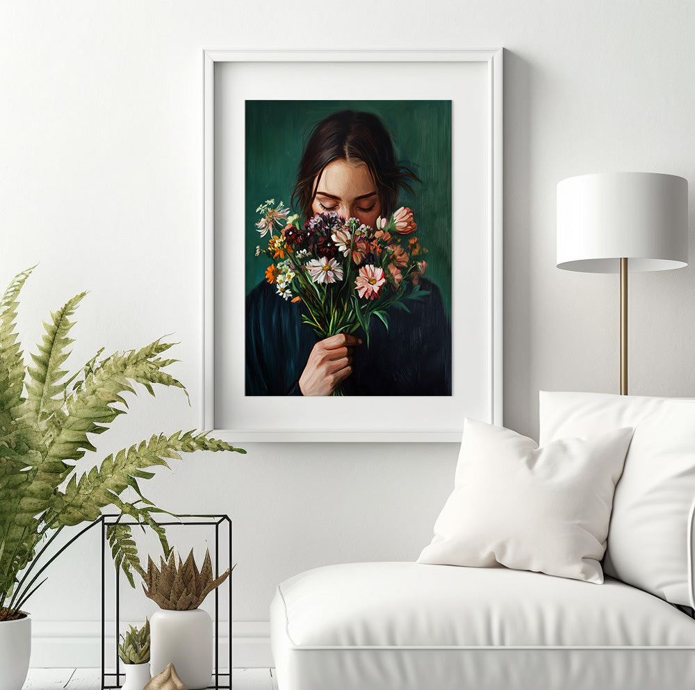 Woman holding flowers art featuring a colorful bouquet of pink, white and orange blooms