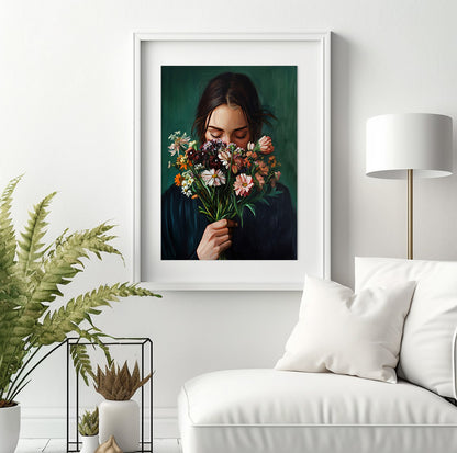 Woman holding flowers art featuring a colorful bouquet of pink, white and orange blooms