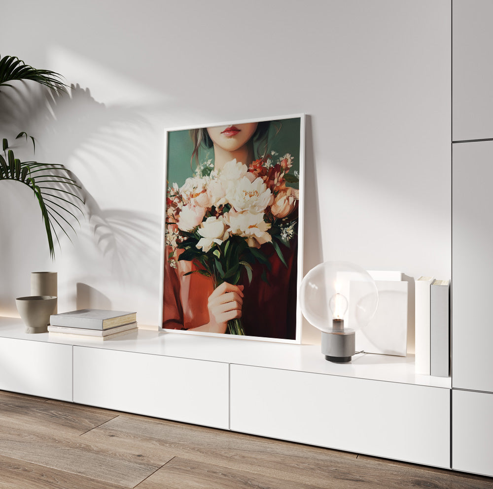 Woman holding flowers portrait featuring an elegant bouquet of white peonies and green leaves