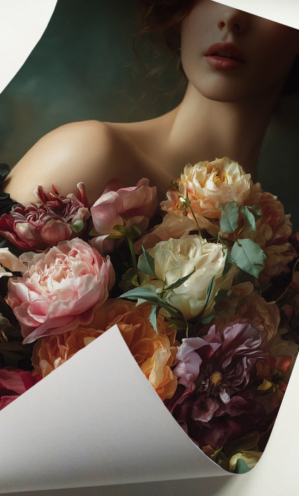 Woman holding flowers wall art featuring a large romantic bouquet of pink, cream and burgundy blooms