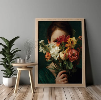 Woman holding flowers wall art featuring a romantic bouquet covering part of her face