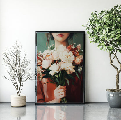 Woman holding white flowers wall art featuring a large romantic bouquet and warm rust clothing
