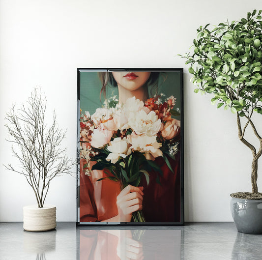 Woman holding white flowers wall art featuring a large romantic bouquet and warm rust clothing