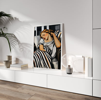 Woman in striped blanket art featuring a serene female portrait in neutral tones