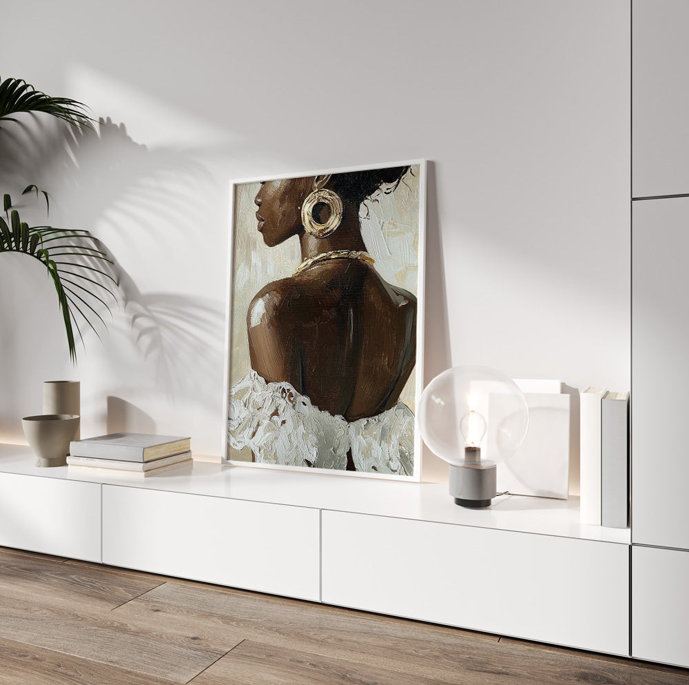 Woman in white dress wall art featuring a sophisticated profile portrait in cream and brown tones