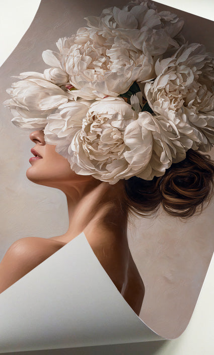 Woman profile with flowers art featuring a brunette with oversized ivory blooms and neutral styling