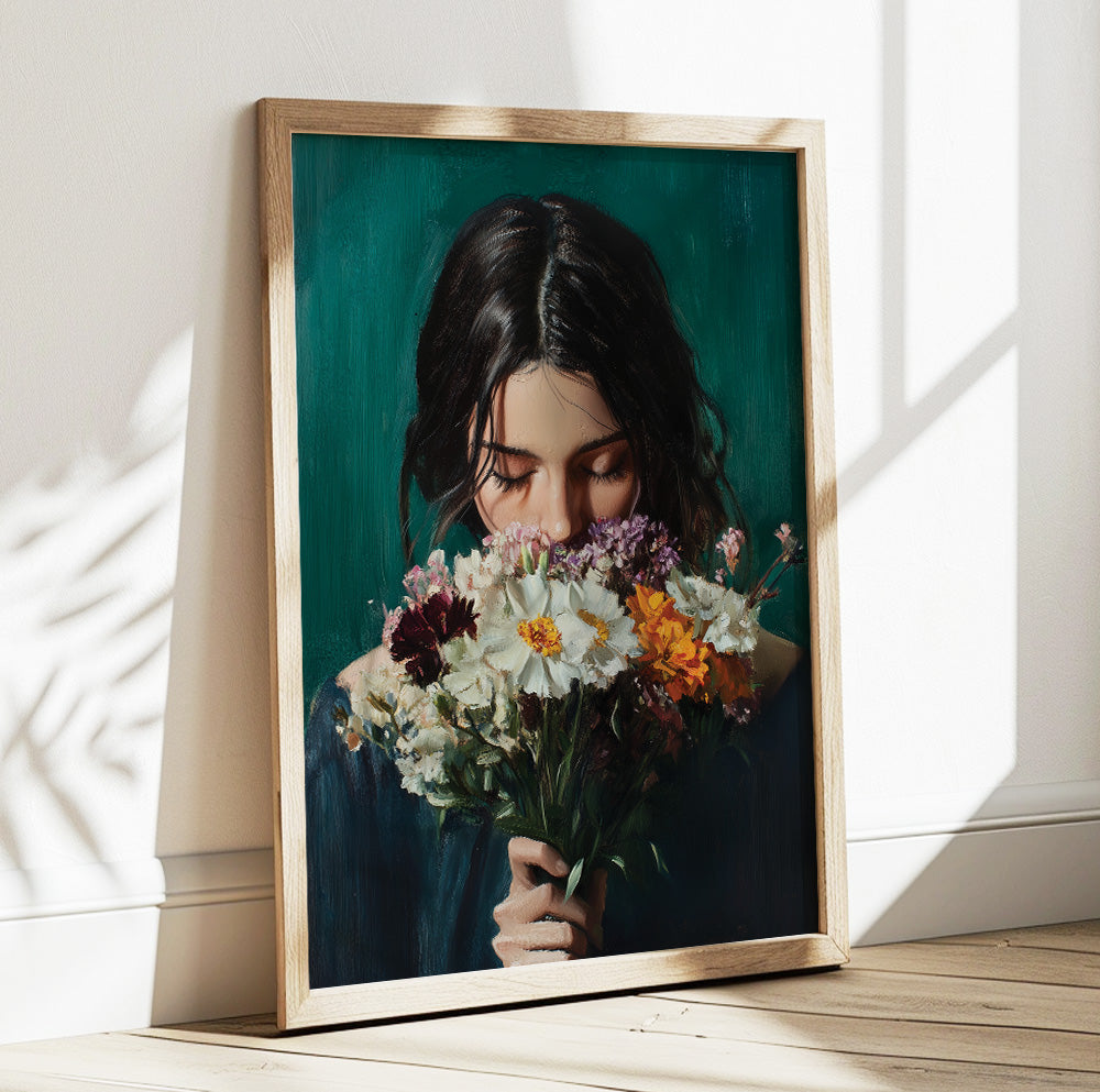 Woman smelling flowers art featuring a dark-haired woman with white, orange and purple blooms