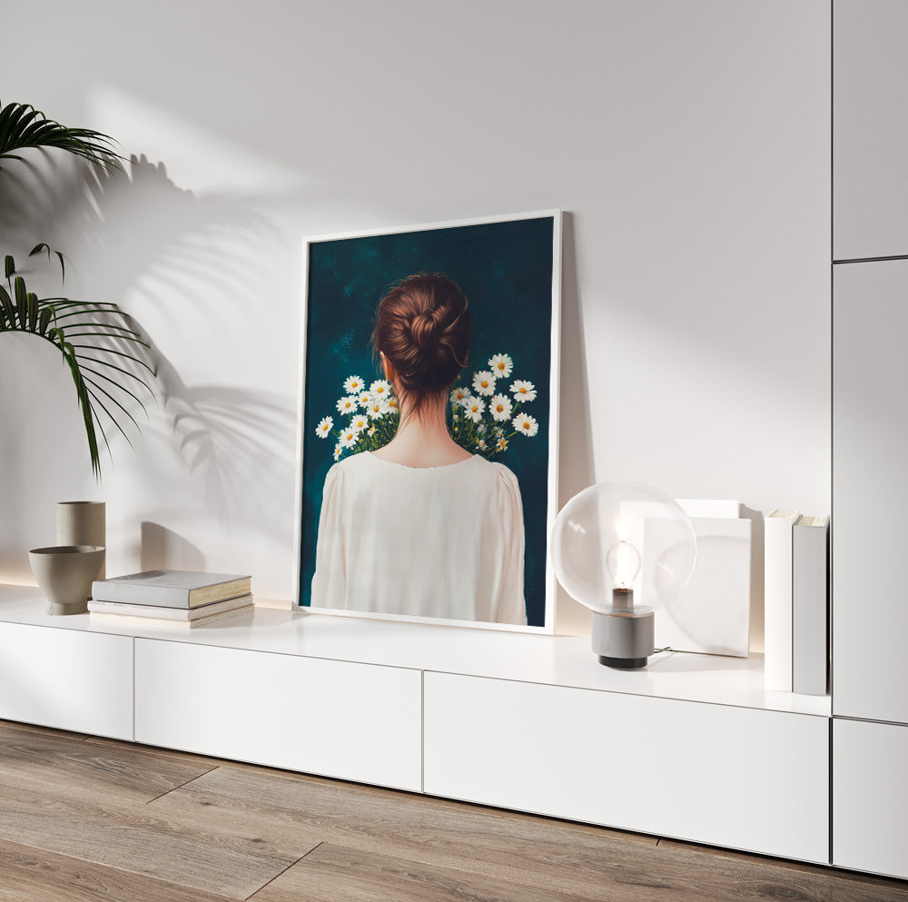 Woman surrounded by daisies art featuring a minimalist back view portrait with white and yellow flowers
