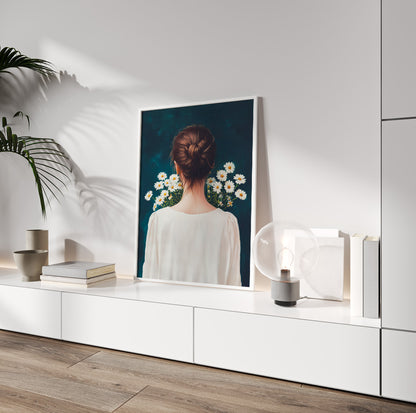 Woman surrounded by daisies art featuring a minimalist back view portrait with white and yellow flowers